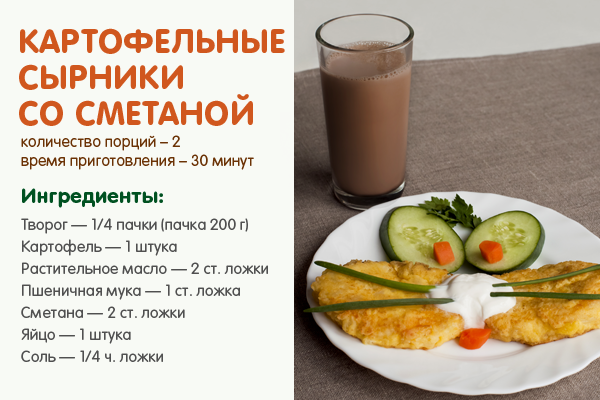 ></p>
<p> </p>
<p>Способ приготовления:</p>
<p>1 Отварить картофель в течение 10 мин.</p>
<p>2 Творог и отварной картофель протереть через сито или взбить блендером, добавить яйцо, муку, соль и перемешать.</p>
<p>3 Сформировать небольшие овальные сырники, обжарить на сковороде в хорошо разогретом растительном масле с двух сторон до образования румяной корочки.</p>
<p>4  Подавать с любым вареньем и напитком NESQUIK®.</p>
<p> </p>
<div class=