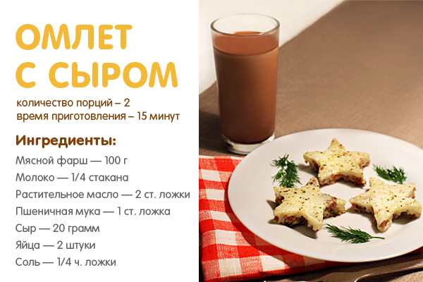 ></p>
<p><strong><br /></strong></p>
<p><!--[if gte mso 9]><xml> <o_OfficeDocumentSettings> <o_AllowPNG /> </o_OfficeDocumentSettings> </xml><![endif]--></p>
<p><em><strong>Способ приготовления:</strong><br /><strong>1</strong> Обжаривать мясной фарш на сковороде с разогретым растительным маслом в течение 2 минут.<br /><strong>2</strong> Яйца взбить миксером, добавить соль, муку и молоко, полученную смесь вылить поверх готового фарша и посыпать сверху тертым сыром. Жарить омлет 5 мин.<br /><strong>3</strong> Украсить омлет зеленью. Подавать с напитком NESQUIK®.</em></p>
<p> </p>
<p><!--[if gte mso 9]><xml> <o_OfficeDocumentSettings> <o_AllowPNG /> </o_OfficeDocumentSettings> </xml><![endif]--></p>
<p><!--[if gte mso 9]><xml> <w_WordDocument> <w_View>Normal</w_View> <w_Zoom>0</w_Zoom> <w_TrackMoves /> <w_TrackFormatting /> <w_PunctuationKerning /> <w_ValidateAgainstSchemas /> <w_SaveIfXMLInvalid>false</w_SaveIfXMLInvalid> <w_IgnoreMixedContent>false</w_IgnoreMixedContent> <w_AlwaysShowPlaceholderText>false</w_AlwaysShowPlaceholderText> <w_DoNotPromoteQF /> <w_LidThemeOther>RU</w_LidThemeOther> <w_LidThemeAsian>X-NONE</w_LidThemeAsian> <w_LidThemeComplexScript>X-NONE</w_LidThemeComplexScript> <w_Compatibility> <w_BreakWrappedTables /> <w_SnapToGridInCell /> <w_WrapTextWithPunct /> <w_UseAsianBreakRules /> <w_DontGrowAutofit /> <w_SplitPgBreakAndParaMark /> <w_DontVertAlignCellWithSp /> <w_DontBreakConstrainedForcedTables /> <w_DontVertAlignInTxbx /> <w_Word11KerningPairs /> <w_CachedColBalance /> </w_Compatibility> <m_mathPr> <m_mathFont m_val=